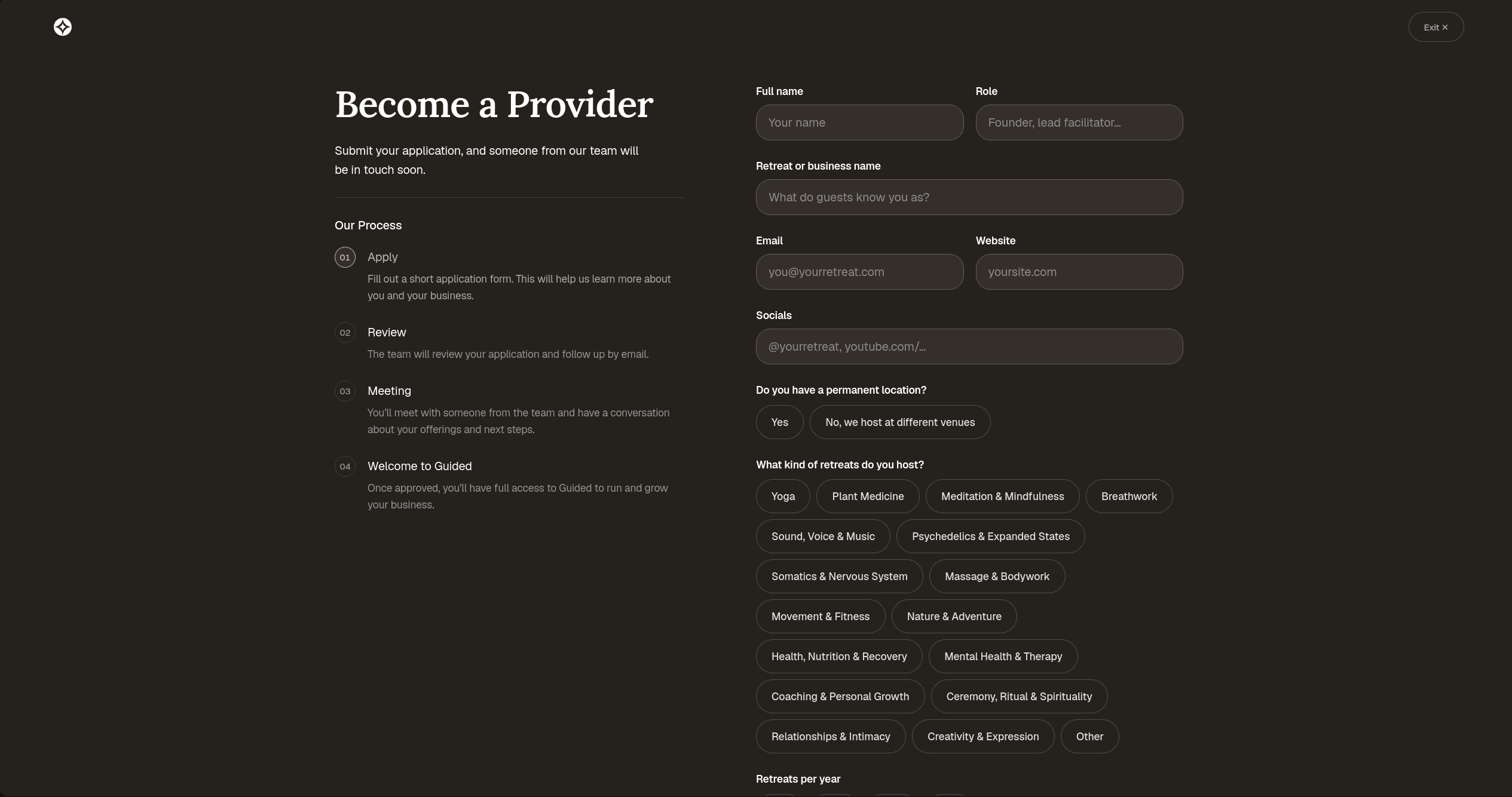 Screenshot of the Become a Provider application form with process steps and input fields