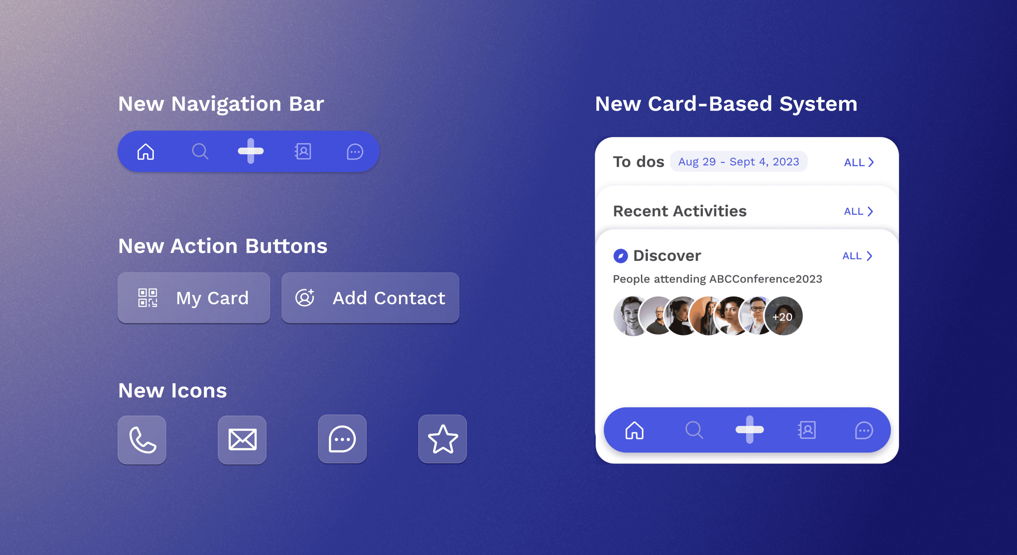 Components from the new design system, including new icons, buttons, and card-based system