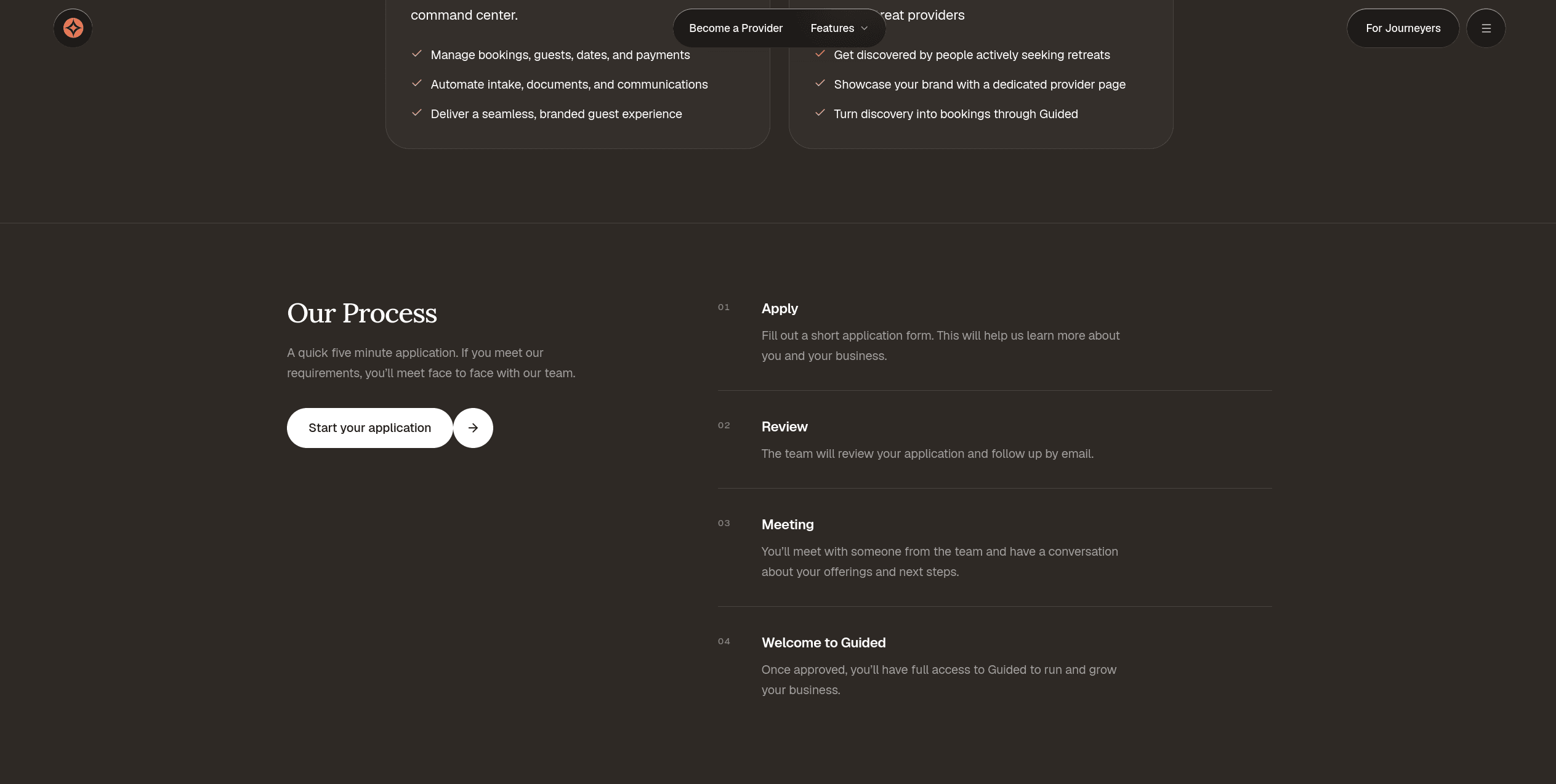 Screenshot of the provider application process section with Apply, Review, Meeting, and Welcome steps