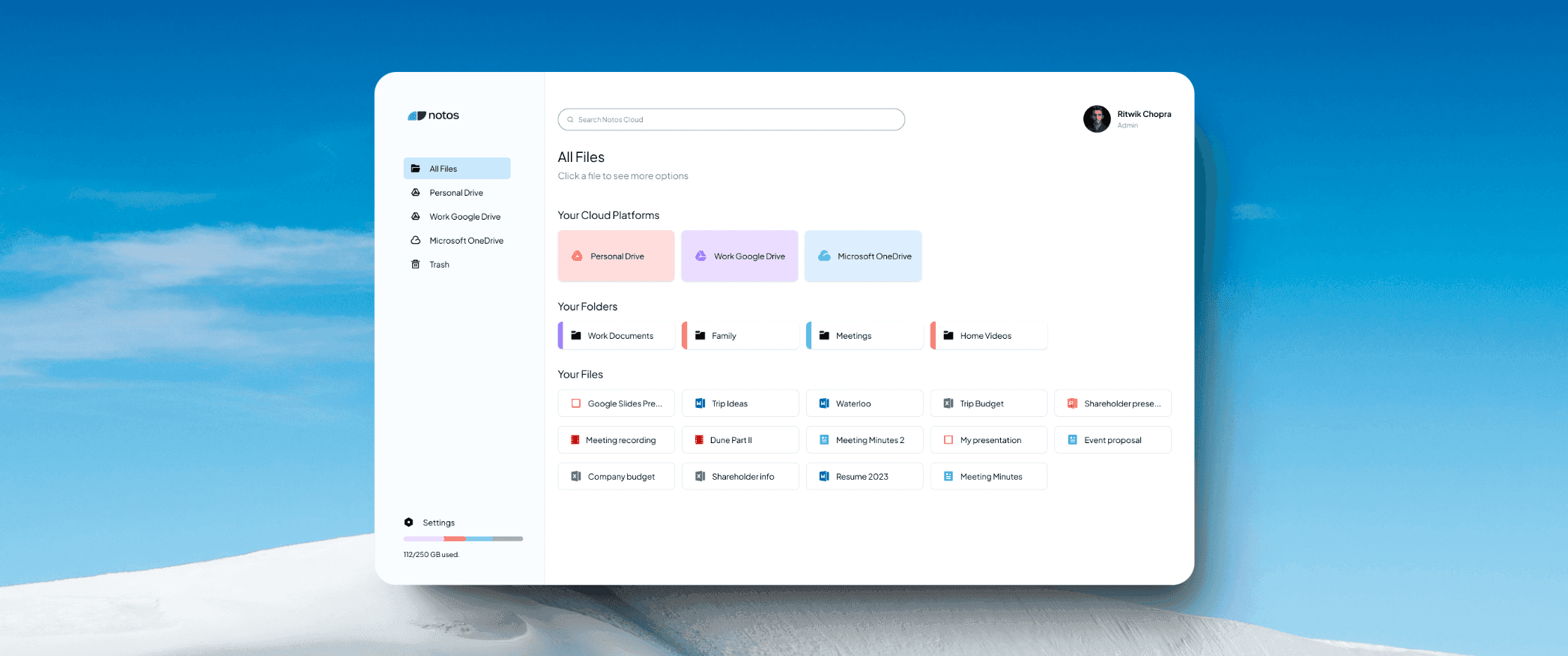 Notos Cloud All Files dashboard showing connected cloud platforms, folders, and files