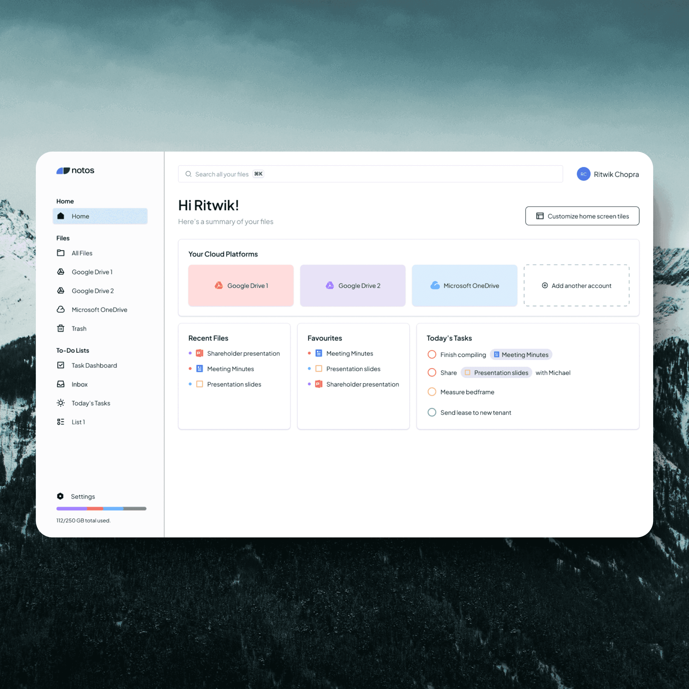 Notos Cloud home screen with recent files, favourites, and today's tasks