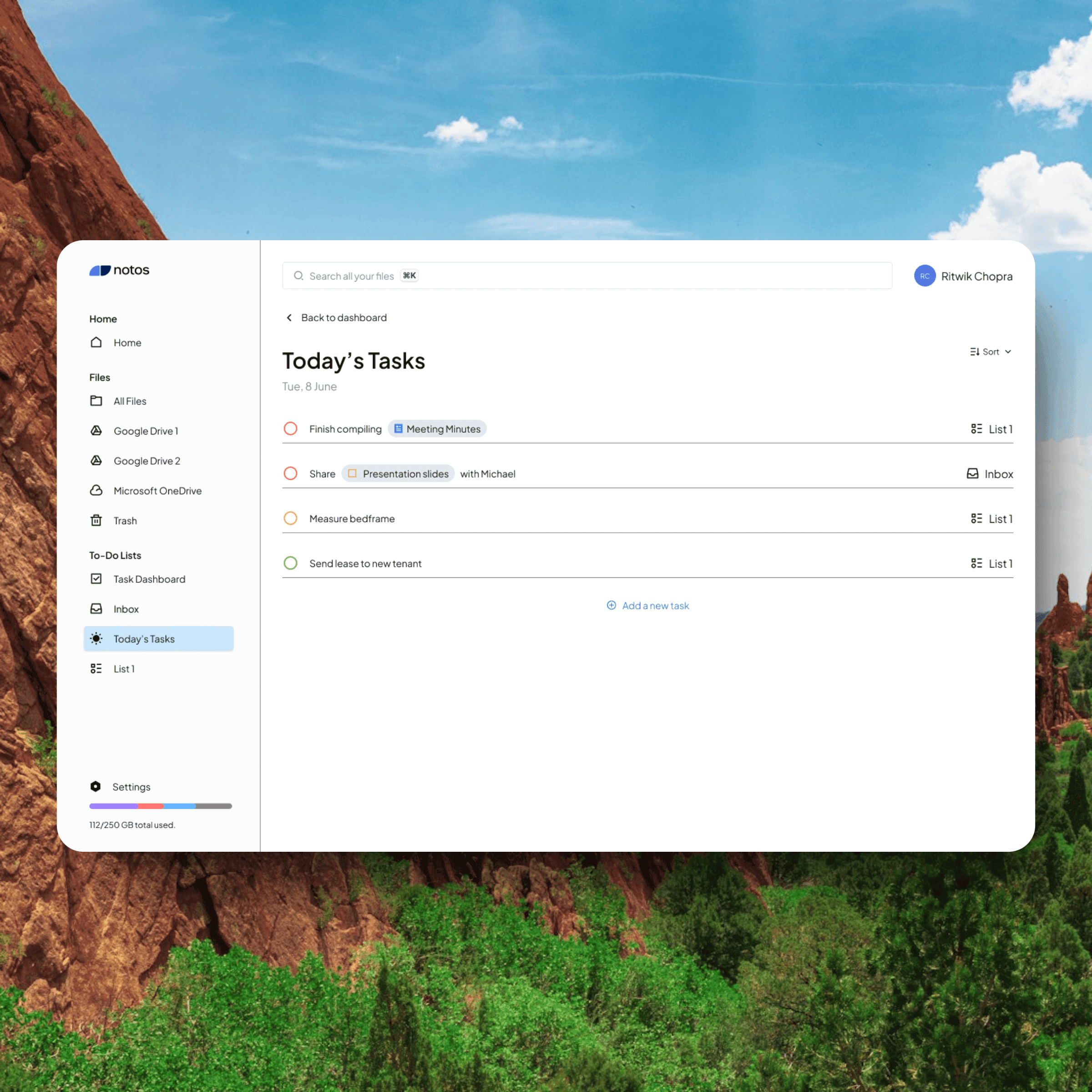 Notos Cloud Today's Tasks view listing tasks linked to files